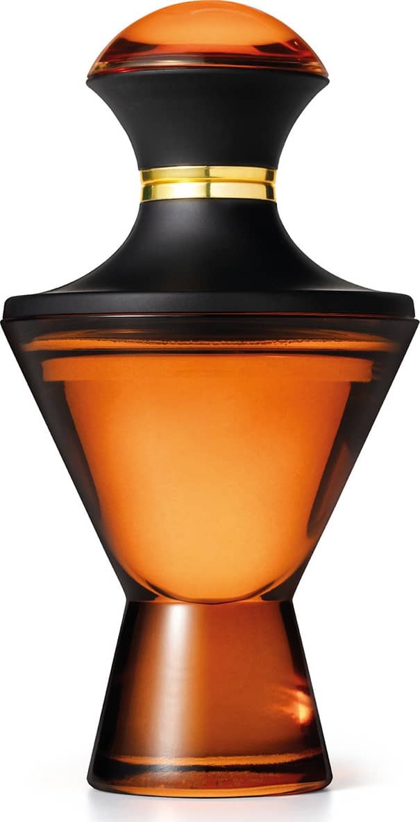 Imagem de um frasco marrom e preto de Eau de Parfum da marca Hadiya com um formato cônico e elegante, com tampa arredondada, em tons de laranja e preto. A embalagem traz 75ml do produto.