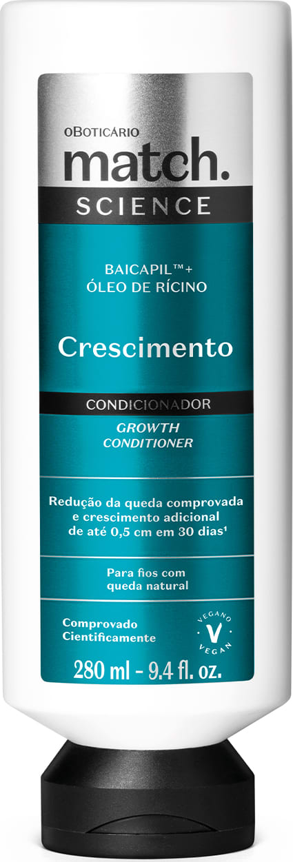 Frasco de condicionador branco com tampa preta e rótulo azul da marca Match Science Crescimento, com texto escrito em branco contendo informações sobre benefícios do produto, volumetria de 250ml e instruções de uso.