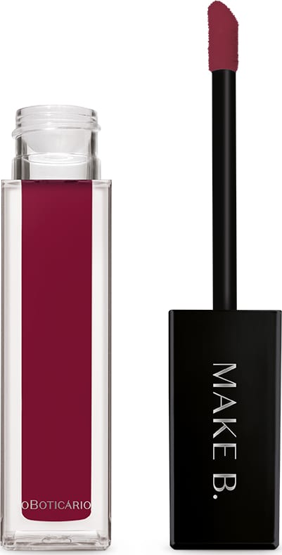 Batom líquido da linha Make B. na cor pink aberto. Na imagem, podemos ver o aplicador e o frasco lado a lado em fundo branco.