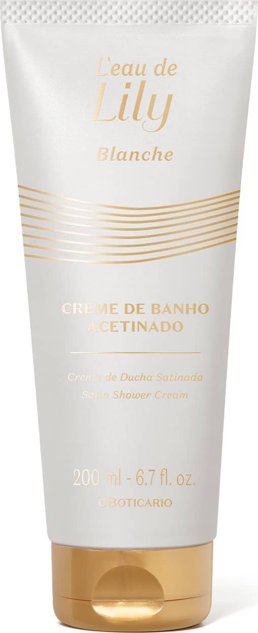 Imagem de um frasco branco com tampa e rótulo dourados da linha L'eau de Lily Blanche, contendo 200ml de creme de banho acetinado.
