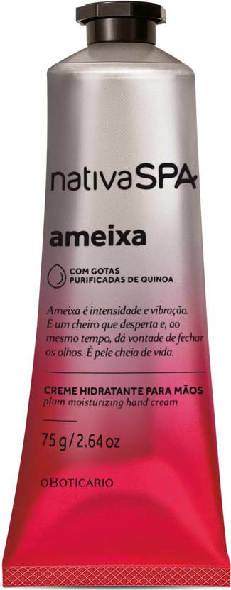 Imagem do tubo de creme hidratante para mãos da marca Nativa SPA Ameixa, em embalagem de bisnaga de 75g. Possui rótulo em tons de rosa e prateado, contendo informações sobre o produto em letras pretas e tampa preta.