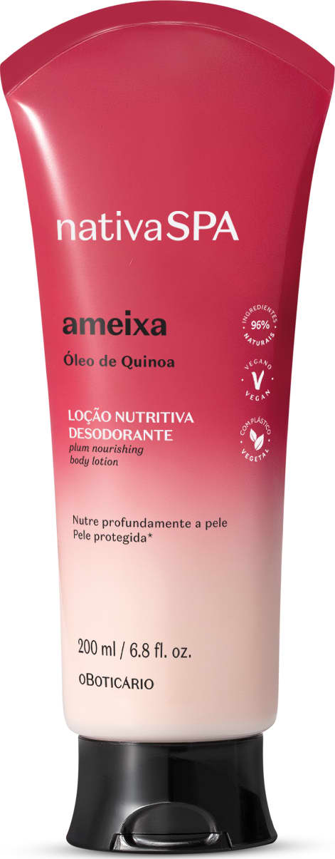 Frasco plástico em degradê de rosa para o branco e tampa preta da marca Nativa SPA Ameixa contendo texto "Óleo de Quinoa" e informações sobre loção nutritiva desodorante para o corpo.