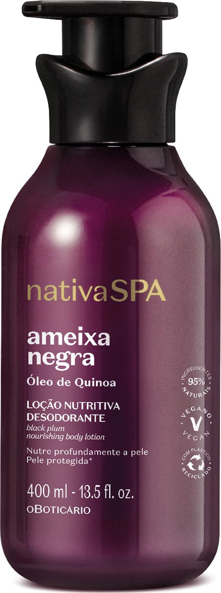 Frasco de loção corporal da marca Nativa SPA, com embalagem roxa e preta, rótulo com texto "ameixa negra" e "óleo de quinoa", apresentado em posição frontal.