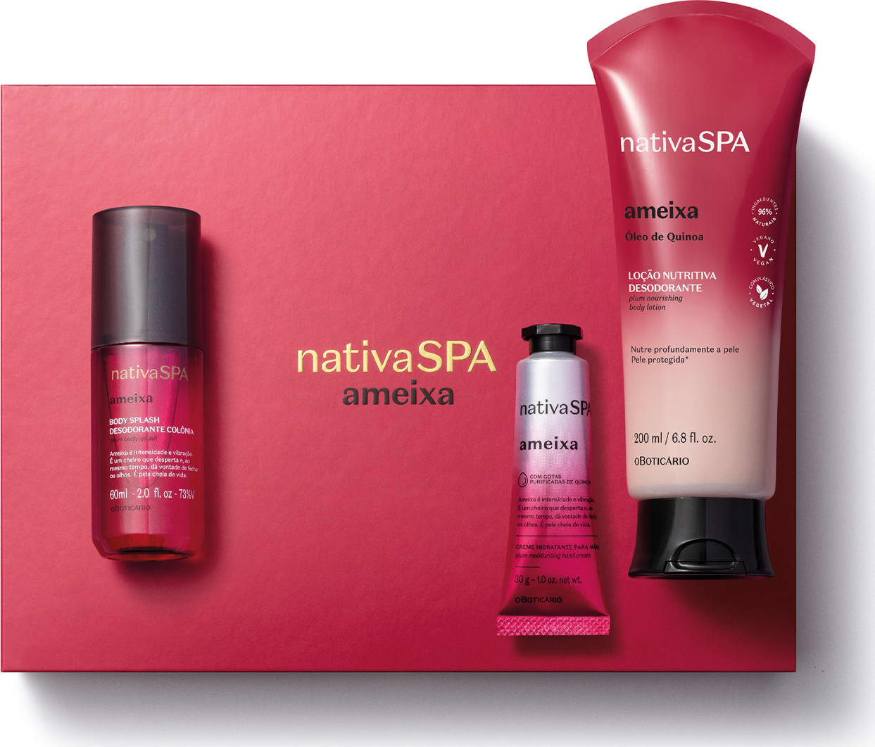 Imagem de produtos da marca Nativa SPA Ameixa, incluindo loção hidratante, body splash, creme para as mãos e caixa rosa, todos com predominância das cores rosa vibrante, branco e prata, com textos e logotipos visíveis.
