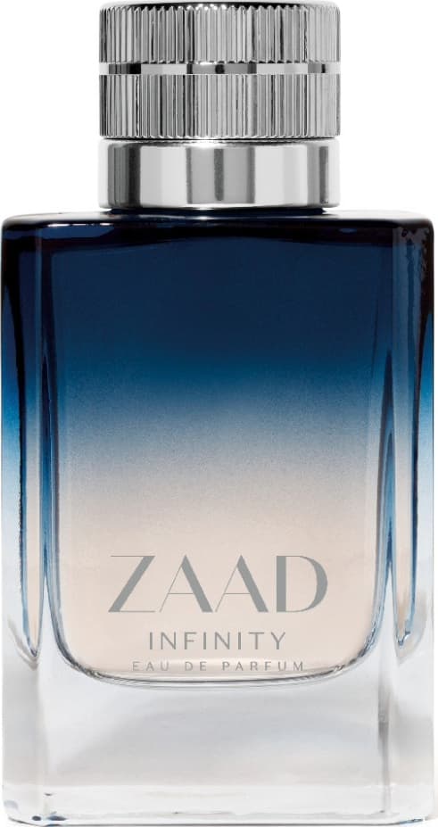 Frasco de item de perfumaria da marca Zaad, com design degradê azul e branco, rótulo com nome "Infinity" em letras prateadas, tampa metálica estriada.