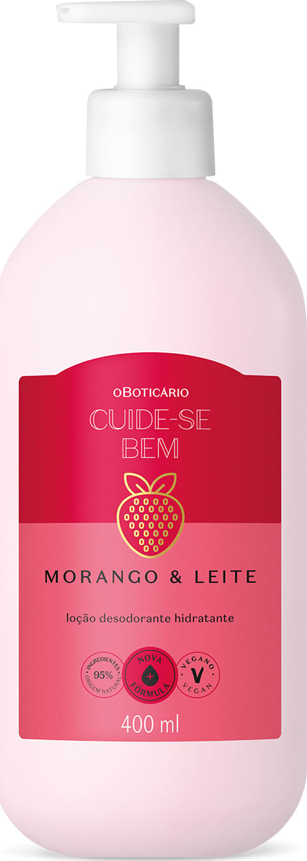 Imagem de frasco branco de loção desodorante hidratante da marca Cuide-se bem Morango e Leite, com rótulo rosa e vermelho com ilustração de morango. 