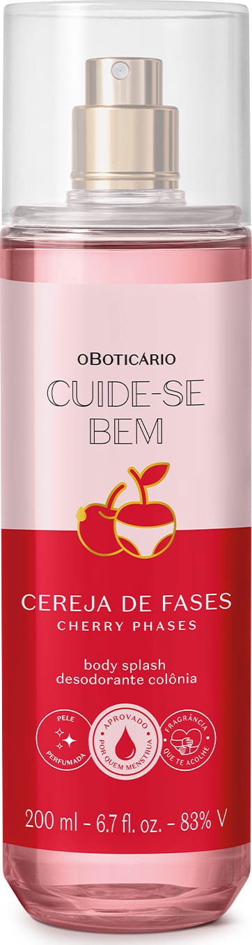 Imagem de frasco do body splash em formato cilíndrico com tampa de pulverizador prateado. Embalagem transparente com líquido rosa claro. Rótulo vermelho e rosa com texto "Cuide-se Bem" e "Cereja de Fases".
