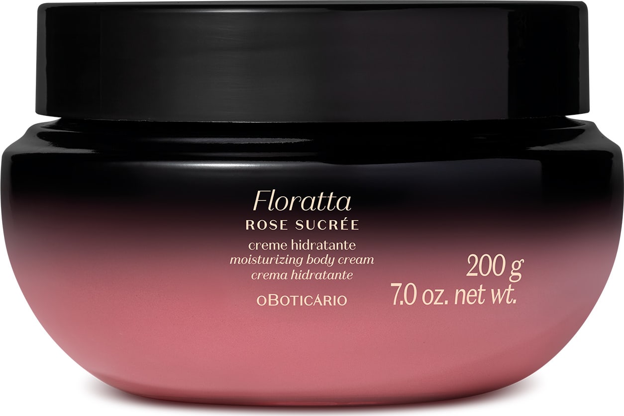 A imagem mostra um pote de creme hidratante corporal da marca Floratta Rose Sucrée. Ele possui um degradê que vai do preto para o roxo, tampa preta e rótulo com informações sobre o produto impresso em letras douradas.