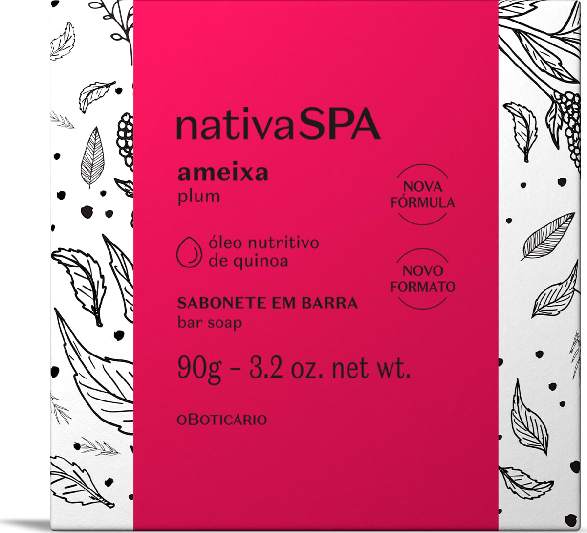 Embalagem do sabonete em barra da marca Nativa SPA Ameixa com faixa rosa escuro larga e centralizada contendo informações sobre o produto. Nas laterais, vemos ilustrações de folhas e frutos sobre fundo branco.