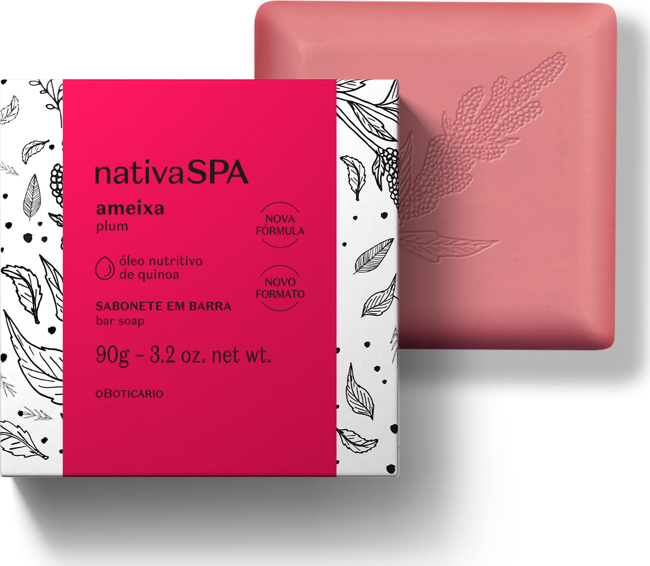 Sabonete em barra da marca Nativa SPA Ameixa. A barra tem a cor rosa, enquanto a embalagem tem temática de folhas e frutas em preto e branco com uma faixa larga na cor rosa escuro contendo as informações sobre o produto.