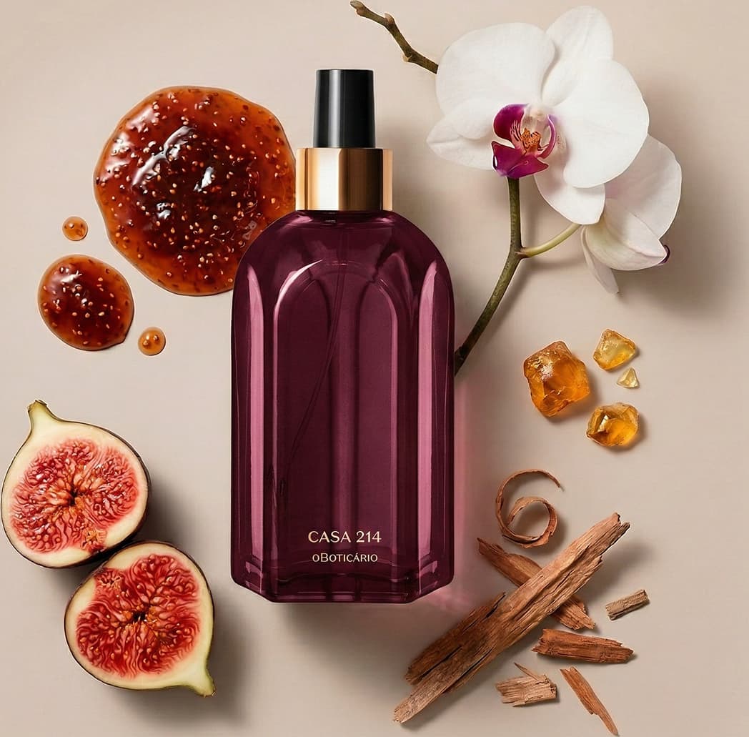 Vidro do aromatizador Casa 214 Figo Magnífico com válvula spray preta em ambiente com flores brancas, figos e cristais âmbar sobre superfície bege.