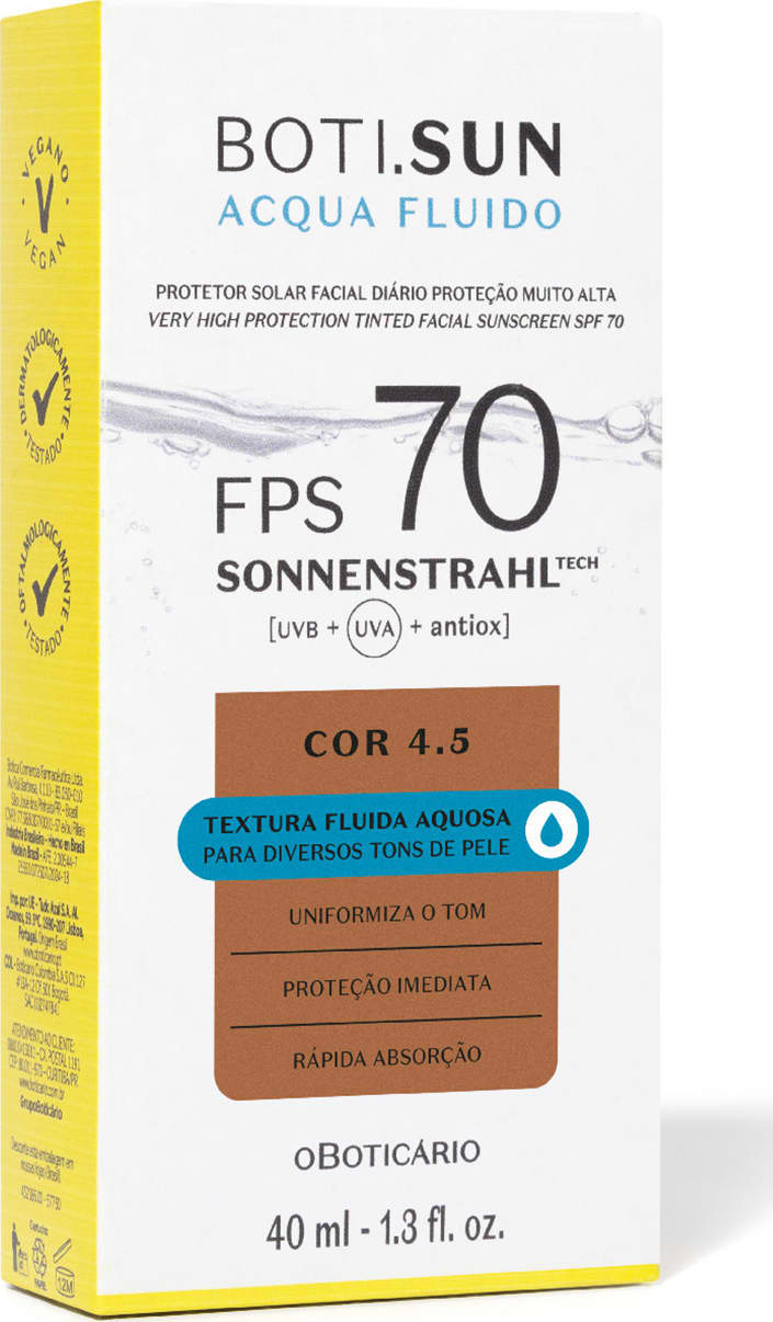 Embalagem de papelão em formato retangular de protetor solar facial fluido da marca Boti Sun nas cores branca e amarela e retângulo marrom, indicando que o produto tem cor, além rótulo com informações sobre FPS 70 e textura fluida aquosa.