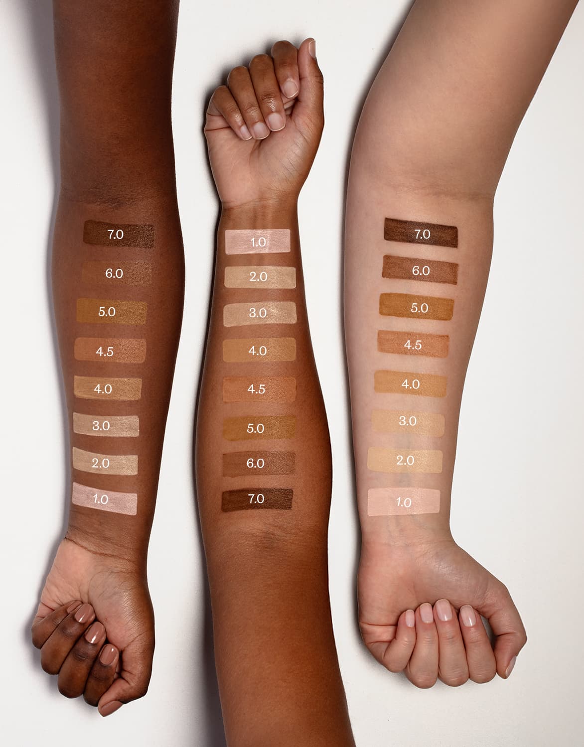 Três antebraços com diferentes tons de pele exibem faixas de diferentes cores de protetor solar e seus respectivos números, sugerindo uma paleta de tons de pele.