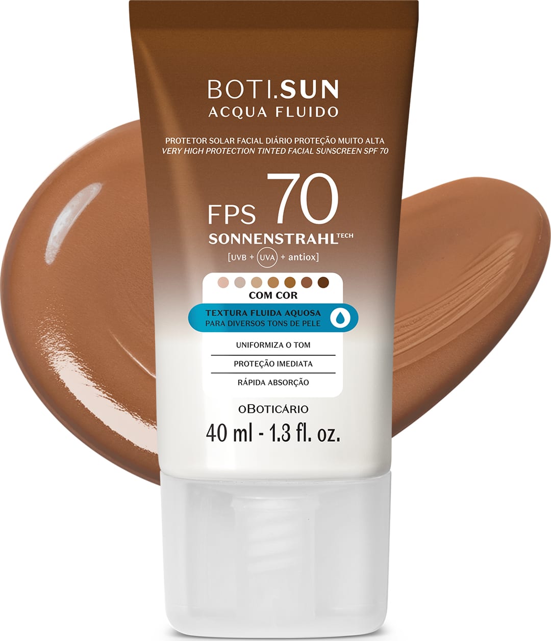 Bisnaga de protetor solar facial fluido com cor da marca Boti Sun com FPS 70, nas cores branca e marrom com indicação de cores variadas no rótulo e um pouco de produto na cor marrom espalhada por trás da embalagem.