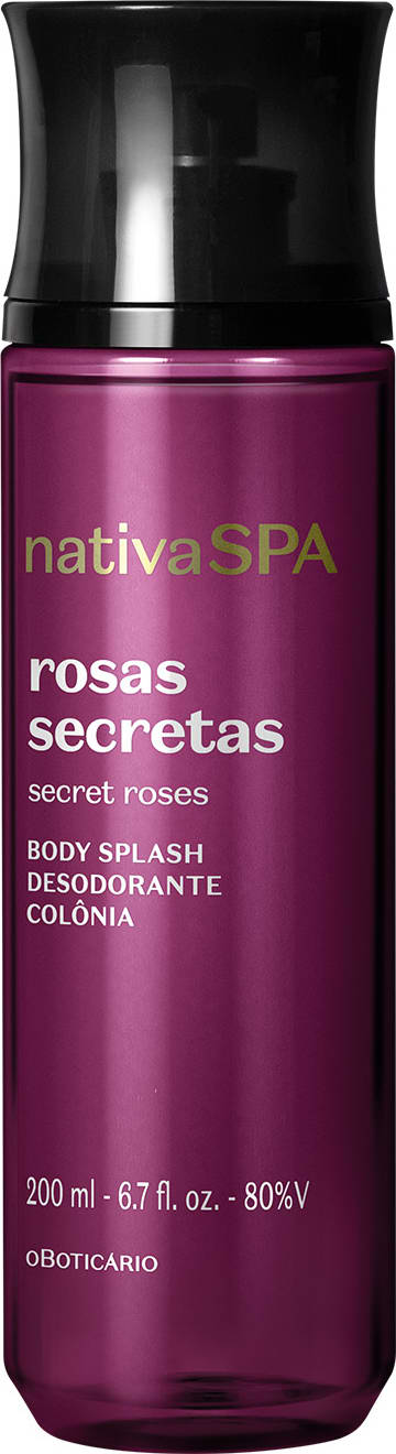 Imagem de um frasco de body splash corporal da marca Nativa SPA, com rótulo em tom de roxo e texto "Rosas Secretas" em destaque. O produto é apresentado em embalagem roxa com tampa preta e letras brancas.