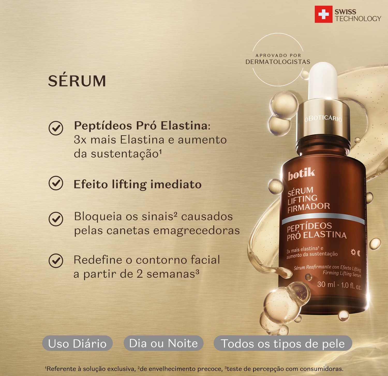 Frasco de vidro com conta-gotas contendo sérum lifting firmador da marca Botik, com informações sobre seus benefícios de elasticidade, lifting imediato e redefinição do contorno facial.