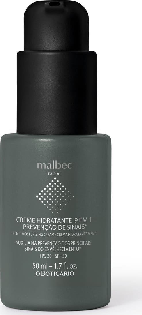Frasco preto de creme hidratante facial da marca Malbec, com rótulo cinza e texto em branco indicando "Creme Hidratante 9 em 1 - Prevenção de Sinais" e informações sobre FPS 30.