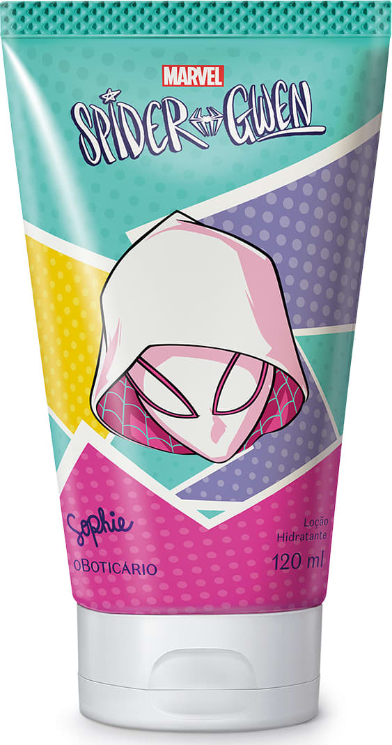 Imagem de uma embalagem de loção hidratante corporal da marca Sophie Spider-Gwen, em formato de bisnaga com cores predominantes de verde, roxo e amarelo, com ilustração da personagem e texto legível no rótulo. O produto contém 120ml.