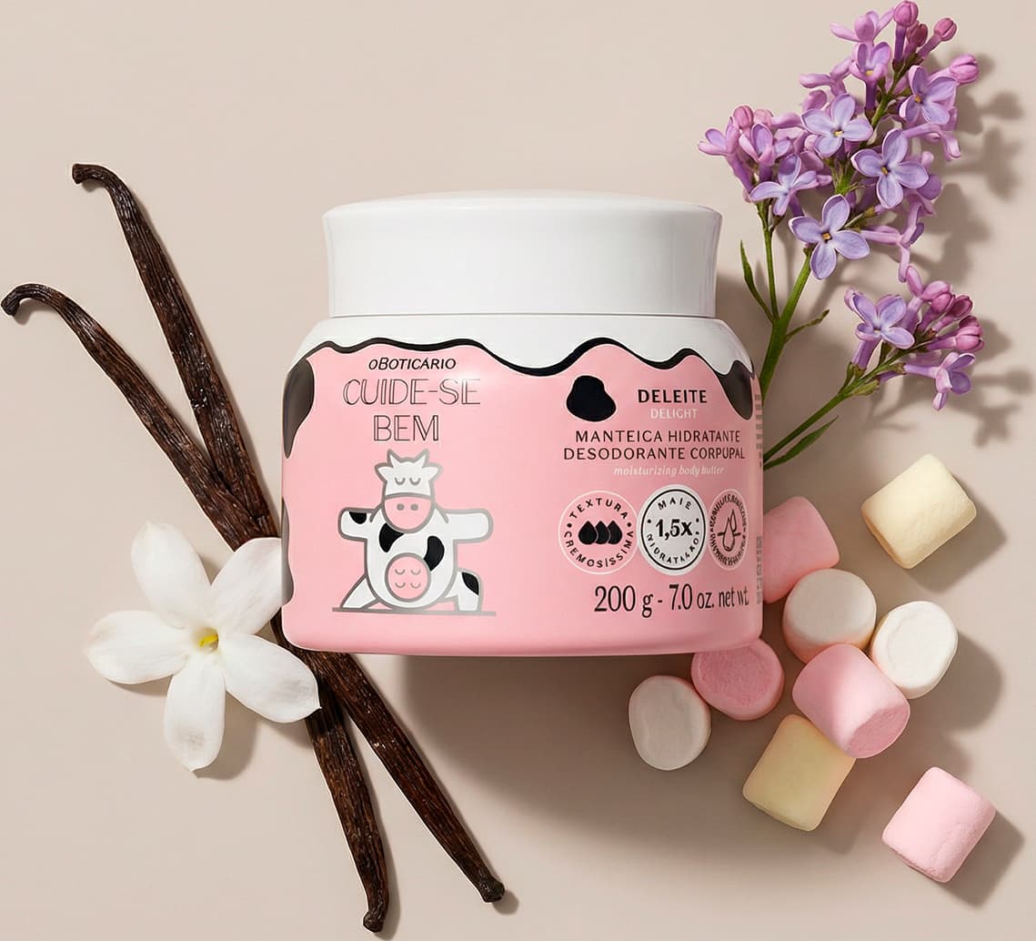 A imagem mostra o recipiente branco de manteiga corporal Cuide-se Bem Deleite com rótulo rosa e ilustração de vaca. Ao redor, flores, favas de baunilha e marshmallows em fundo bege claro, sugerindo doçura e aconchego.