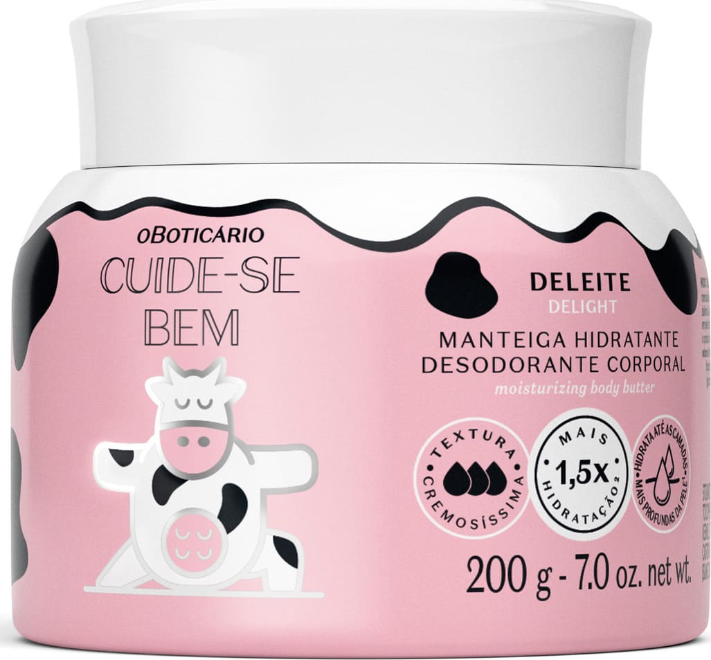 A imagem mostra o recipiente branco de manteiga corporal com rótulo rosa e estampa de vaca. A embalagem tem tampa branca e contém 200g de produto. Ele pertence à linha Cuide-se Bem Deleite.
