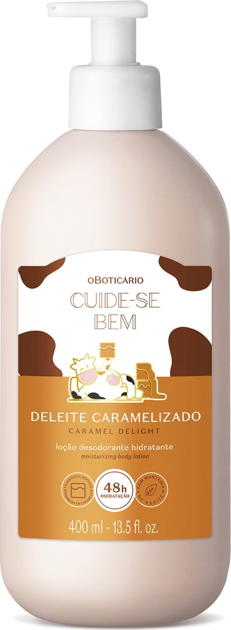 A imagem mostra um frasco branco de loção hidratante da marca Cuide-se Bem Deleite Caramelizado, com rótulo branco e detalhes em tons de marrom. Há estampa de vaca e apresenta as informações do produto em letras brancas e pretas.