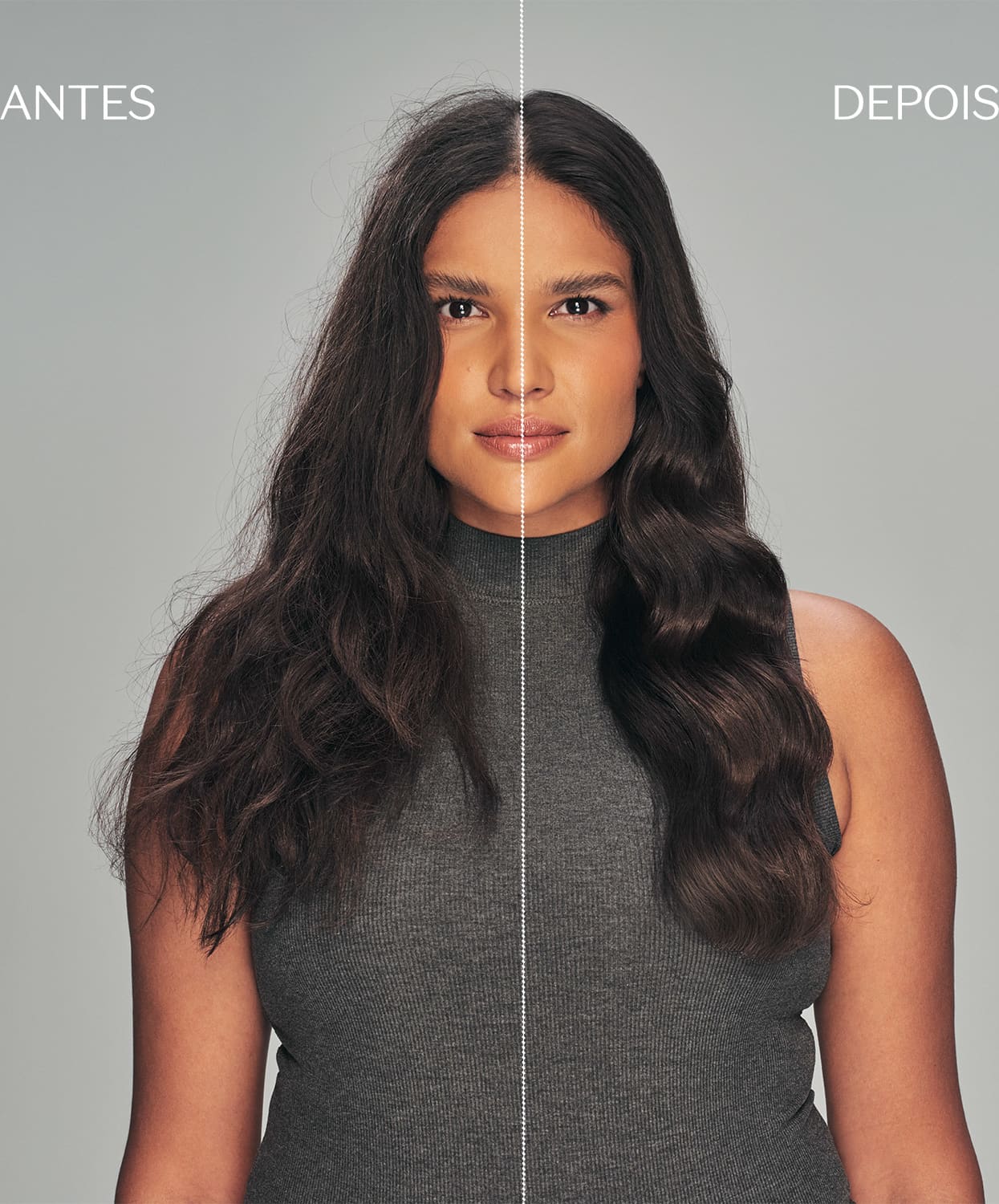 A imagem mostra uma mulher com cabelos longos e escuros. . A imagem é dividida ao meio, com a metade esquerda mostrando o cabelo antes de algum tratamento e a direita após o tratamento.