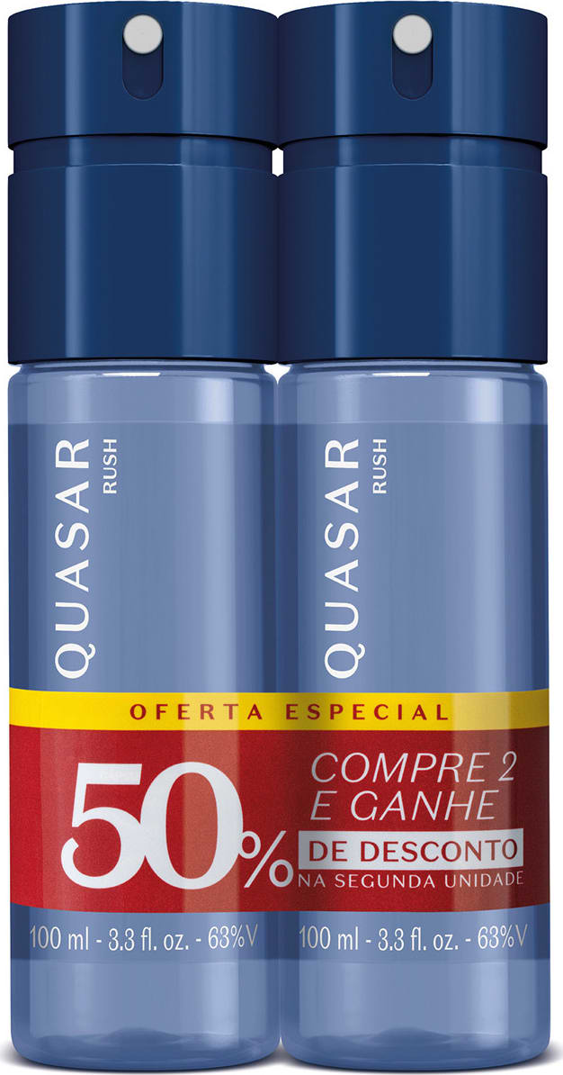Dois frascos azuis de item de perfumaria da marca Quasar, com rótulo indicando oferta especial de compre 2 e ganhe 50% de desconto na segunda unidade.