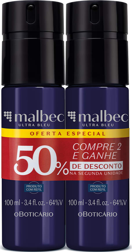 Imagem de dois frascos pretos de body spray da marca Malbec Ultra Bleu, com rótulo na cor prata, oferta especial de comprar 2 e ganhar 50% de desconto na segunda unidade.