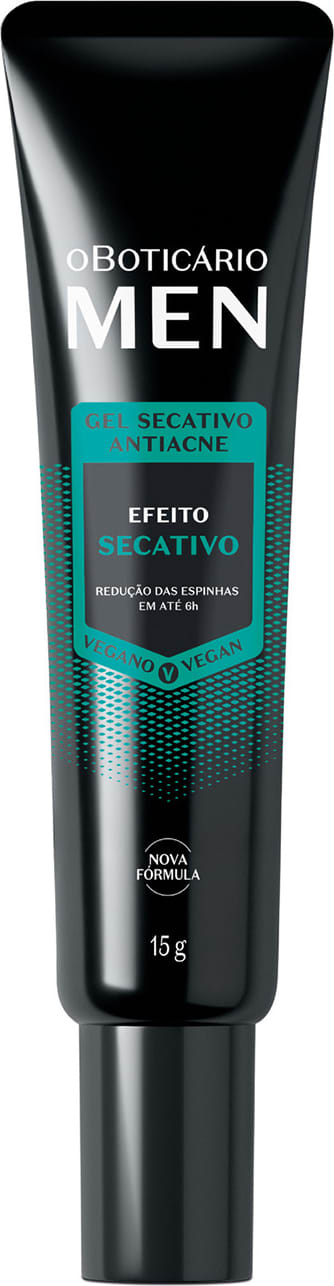 Imagem de bisnaga preta com gel secativo facial da marca Men. A embalagem possui rótulo com letras brancas e detalhes em azul e traz 15g de produto.