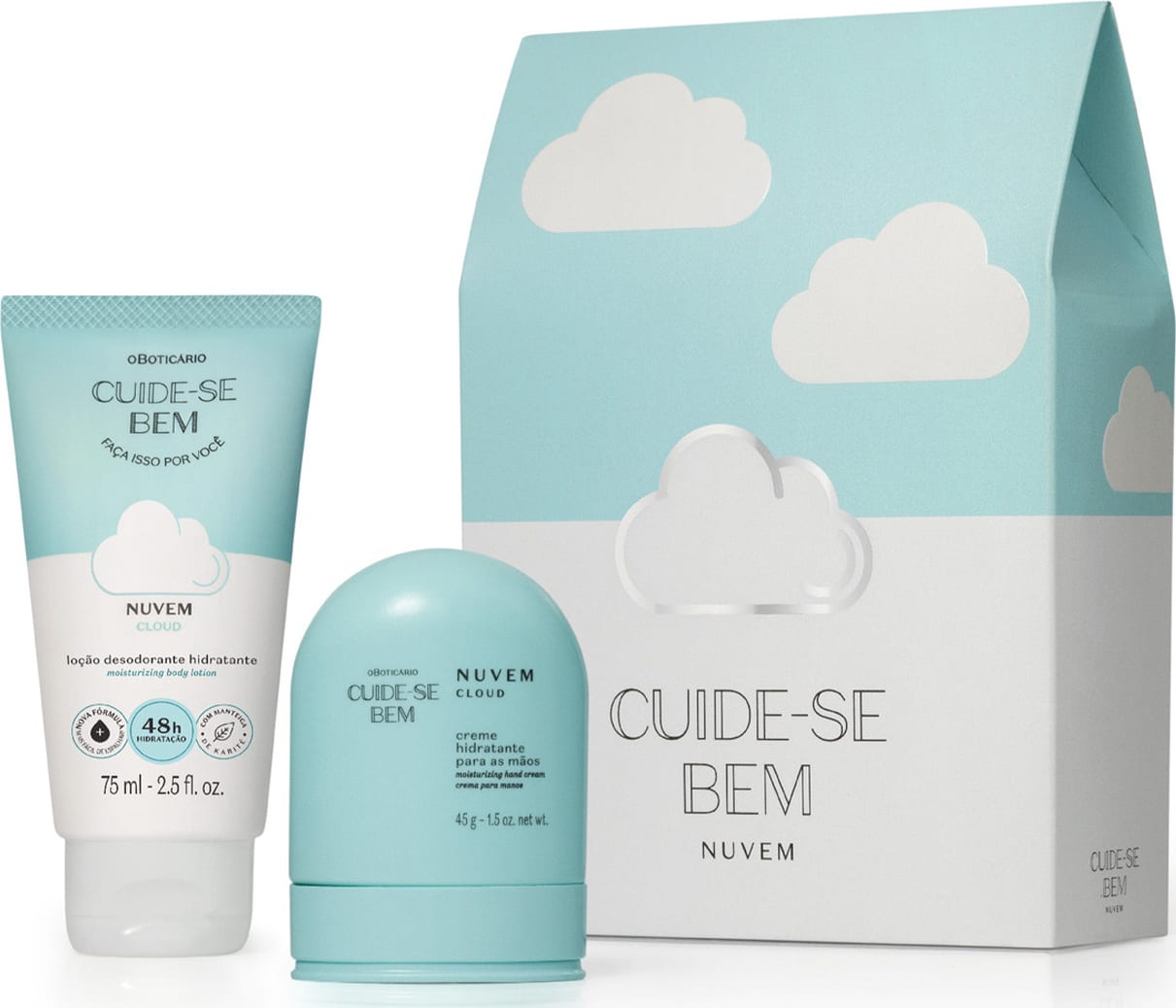 Produtos de beleza da linha Cuide-se Bem da marca Nuvem, incluindo um tubo de loção desodorante hidratante e um creme hidratante, em embalagens com design de nuvens em tons de azul e branco.