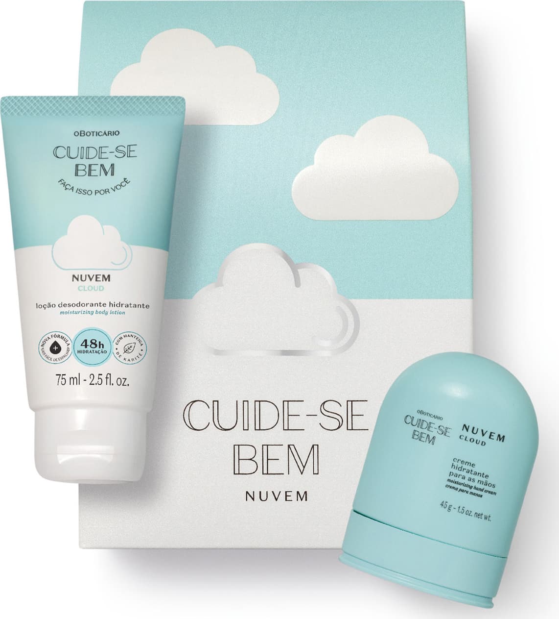 Produtos de beleza da linha Cuide-se Bem, com embalagens em tons de azul e branco. Frasco de creme hidratante e desodorante, além de caixa com nuvens estampadas, exibindo o nome da marca "Cuide-se Bem" e "Nuvem".