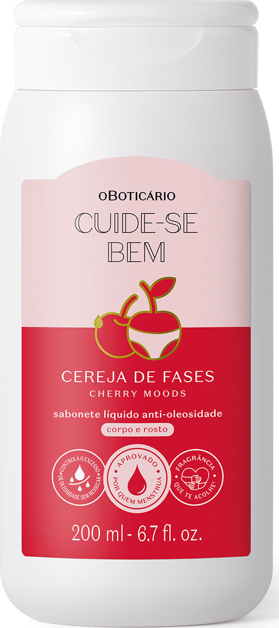 Imagemde frasco branco com rótulo rosa e vermelho da marca Cuide-se Bem Cereja de Fases, contendo sabonete líquido anti-oleosidade com aroma de cereja, para corpo e rosto.