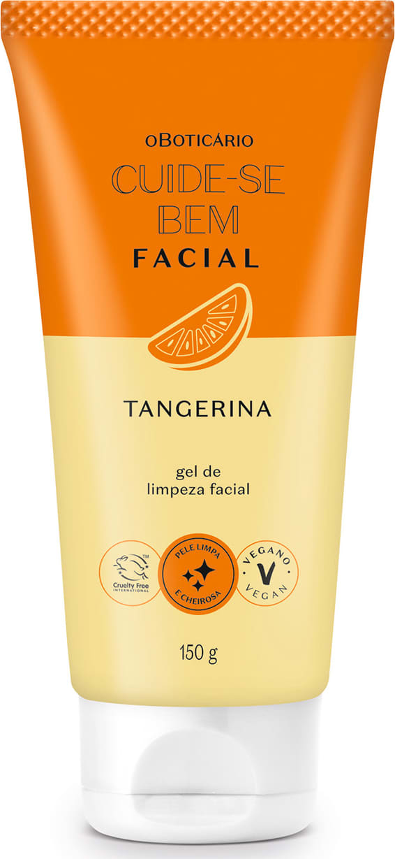 Imagem do frasco de gel de limpeza facial da marca Cuide-se Bem, com embalagem laranja e amarela, rótulo com texto "Tangerina" e informações sobre o produto em letras pretas. Ele contém 150g.