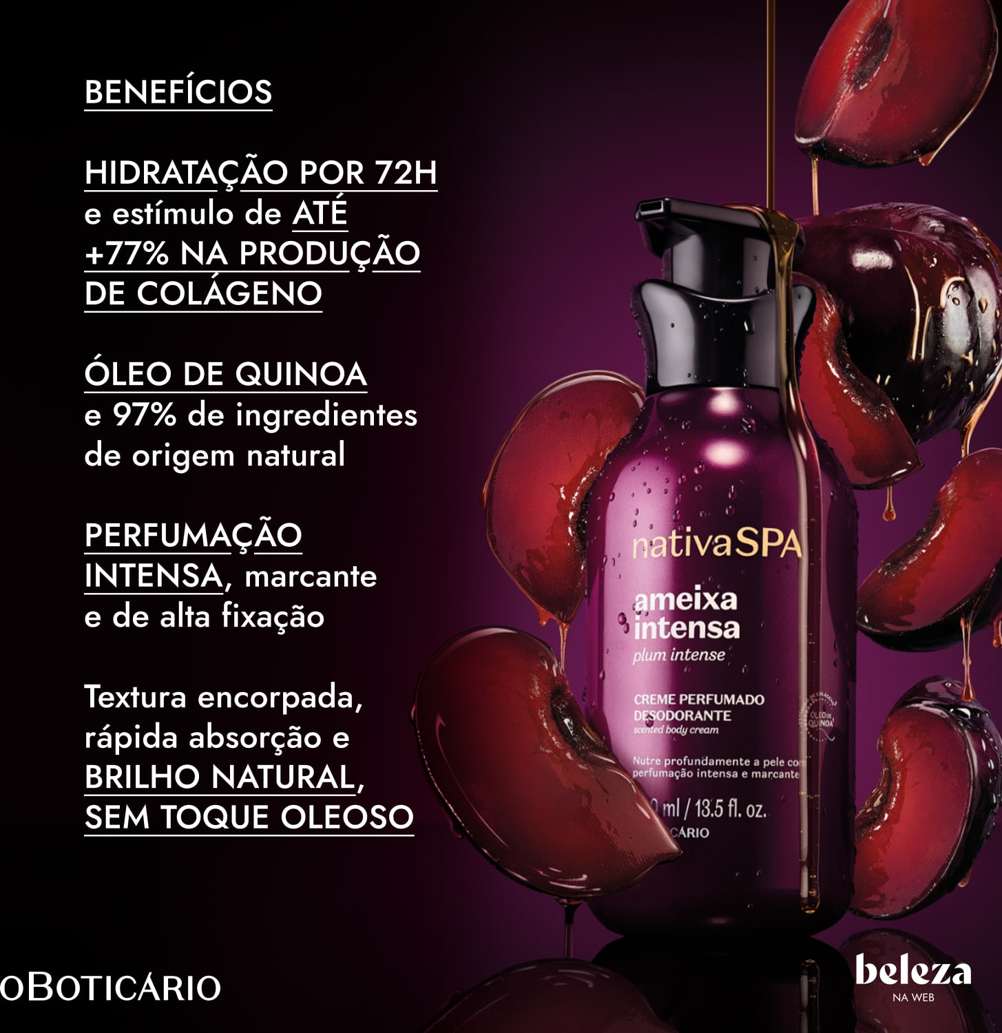 Frasco de creme perfumado desodorante da linha Ameixa Intensa da Nativa SPA, com informações sobre benefícios de hidratação, produção de colágeno e ingredientes naturais.