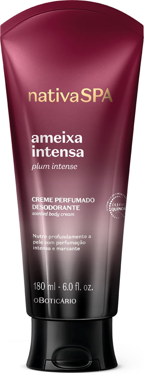 Frasco de creme perfumado desodorante da marca Nativa SPA, na cor vinho, com rótulo em dourado contendo o nome "Ameixa Intensa" e a descrição "Plum Intense".