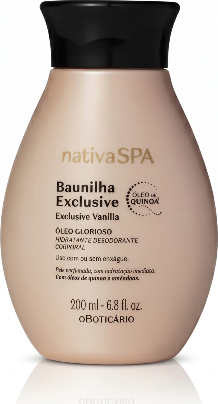 Frasco de item de cuidados com o corpo da marca Nativa SPA Baunilha Exclusive, com embalagem rosa clara e tampa preta, contendo texto "Baunilha Exclusive" e "Óleo Glorioso Hidratante Desodorante Corporal" também em preto.