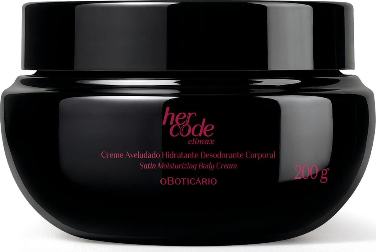 Pote preto de creme hidratante corporal da marca Her Code, com rótulo na cor rosa, contendo 200 g do produto.