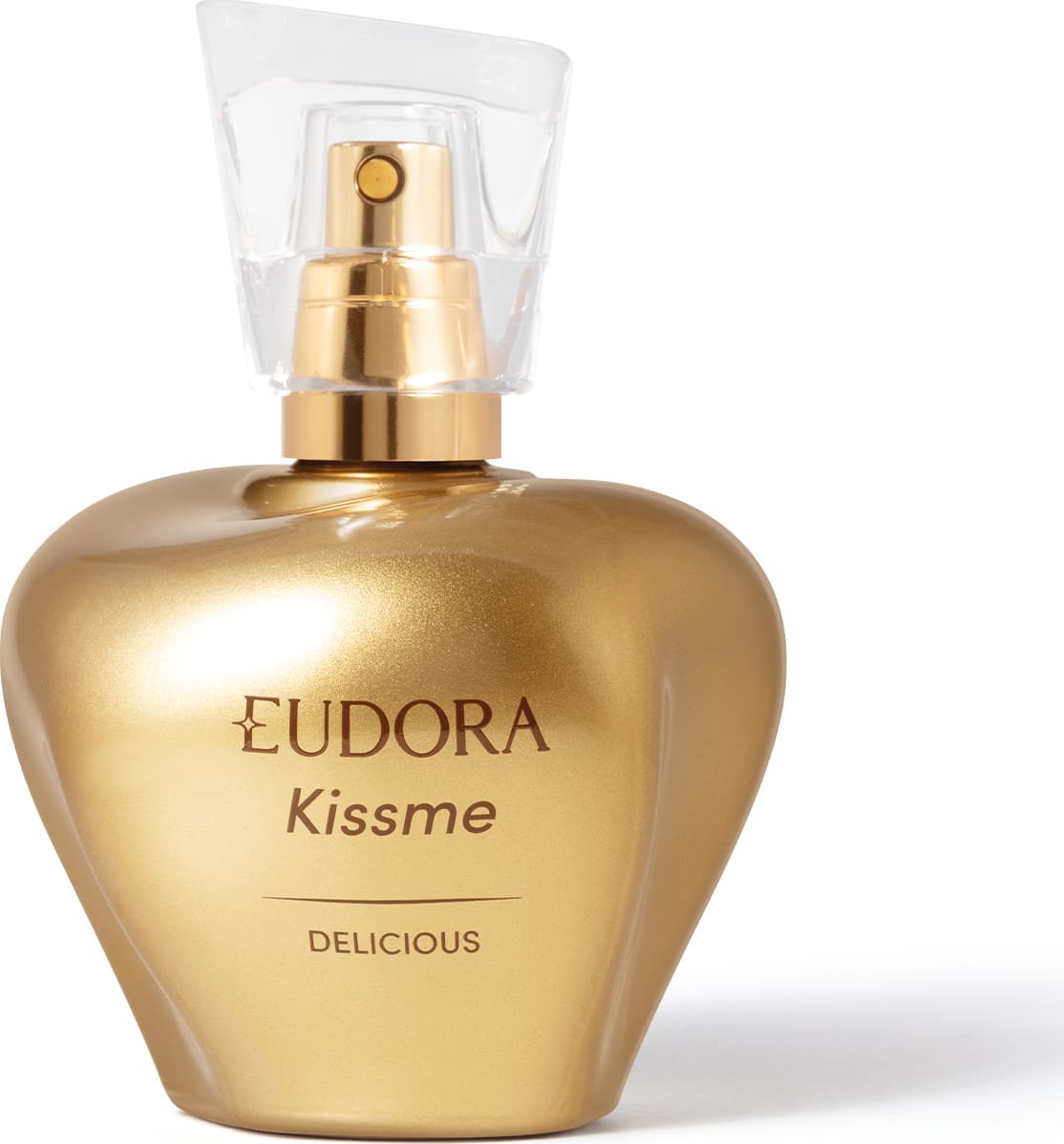Frasco dourado de perfume Eudora Kissme, com rótulo em dourado e branco, contendo texto "Delicious". O frasco possui um design elegante e moderno, com um bico pulverizador na parte superior.
