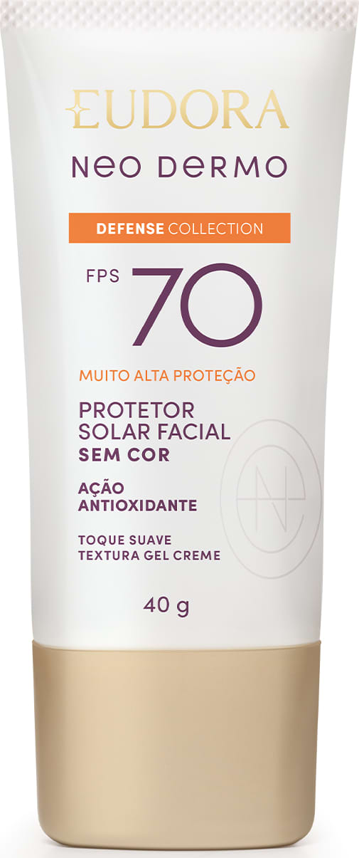 O produto apresentado é um protetor solar facial da linha Neo Dermo da marca Eudora, com FPS 70 e alta proteção. A embalagem é um tubo de cor bege, com rótulo branco e detalhes em roxo.