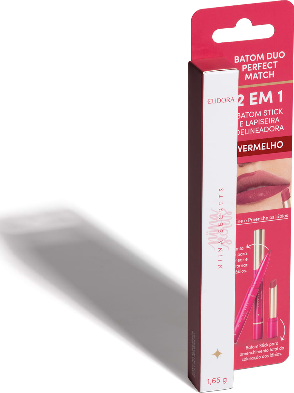 Embalagem do produto "Batom Duo Perfect Match" da marca Niina Secrets, com a embalagem em rosa e branco. O rótulo indica a descrição "2 em 1 Batom Stick e Lapiseira Delineadora".