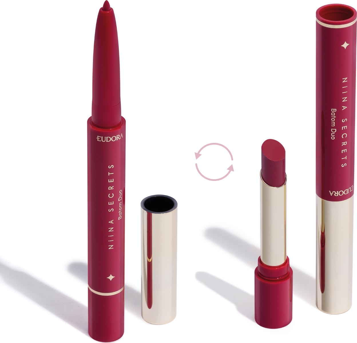 O produto apresentado na imagem é um batom da marca Niina Secrets Eudora. São dois produtos em um: uma lapiseira delineadora com a ponta afiada e o batom em formato stick. Todos os itens possuem detalhes em dourado e rosa.
