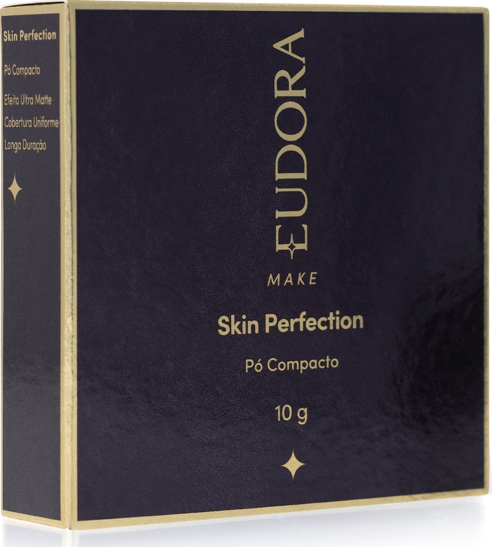 Caixa preta e dourada de pó compacto da marca Eudora Make, com texto "Skin Perfection" e informações sobre o produto.
