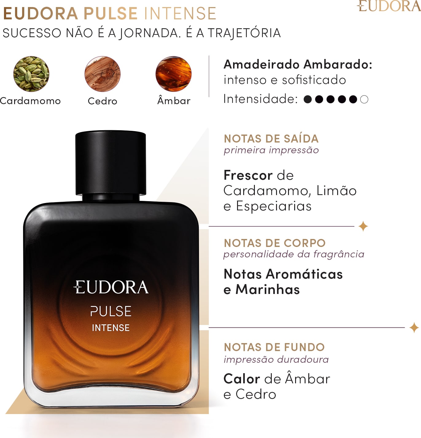 Card da pirâmide olfativa de Eudora Pulse Intense: Amadeirado Ambarado: intenso e sofisticado. Notas de saída: frescor de cardamomo, limão e especiarias. Notas de corpo: notas aromáticas e marinhas. Notas de fundo: calor de âmbar e cedro.
