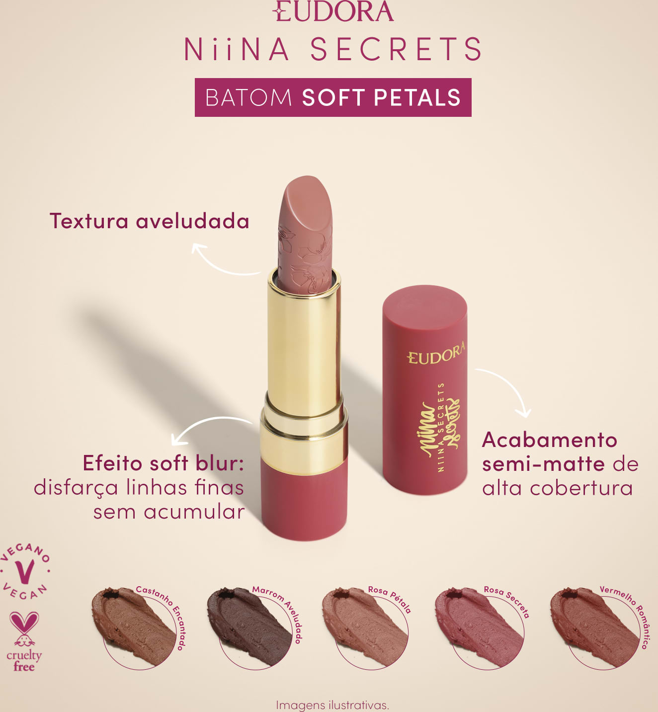 Imagem do batom aberto centralizado. Ao redor, o texto: Textura aveludada; Efeito soft blur; Acabamento semi-matte. Apresenta 5 tonalidades de batom: Castanho Encantado, Marrom Aveludado, Rosa Pétala, Rosa Secreta e Vermelho Romântico.

