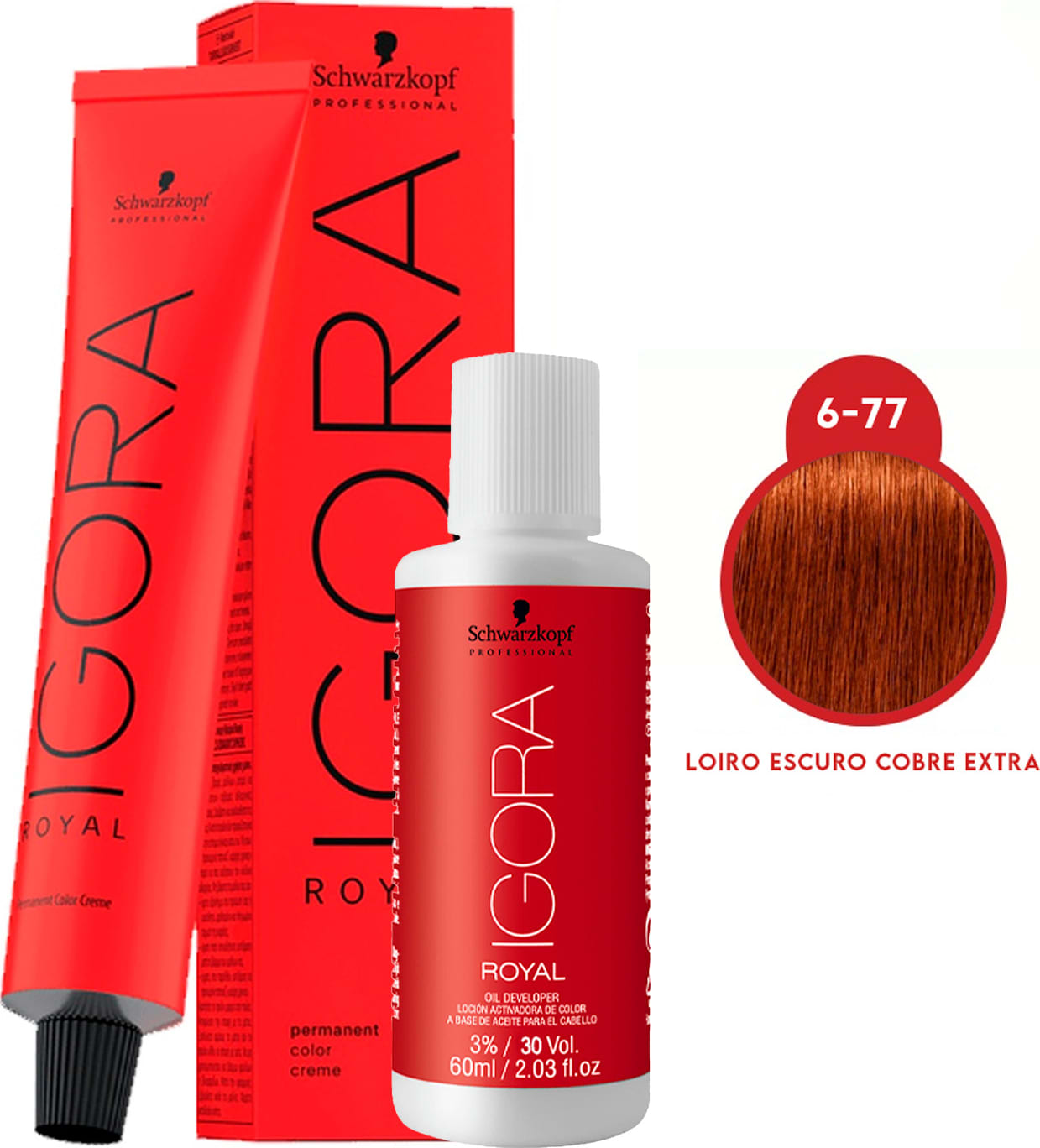 Caixas e frasco vermelho da linha Igora Royal da Schwarzkopf Professional, contendo tinta de cabelo na cor loiro escuro cobre extra, com indicação do número da tonalidade 6-77.