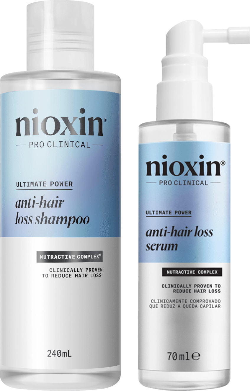 Kit com shampoo e sérum Anti-Hair Loss, da marca Nioxin.