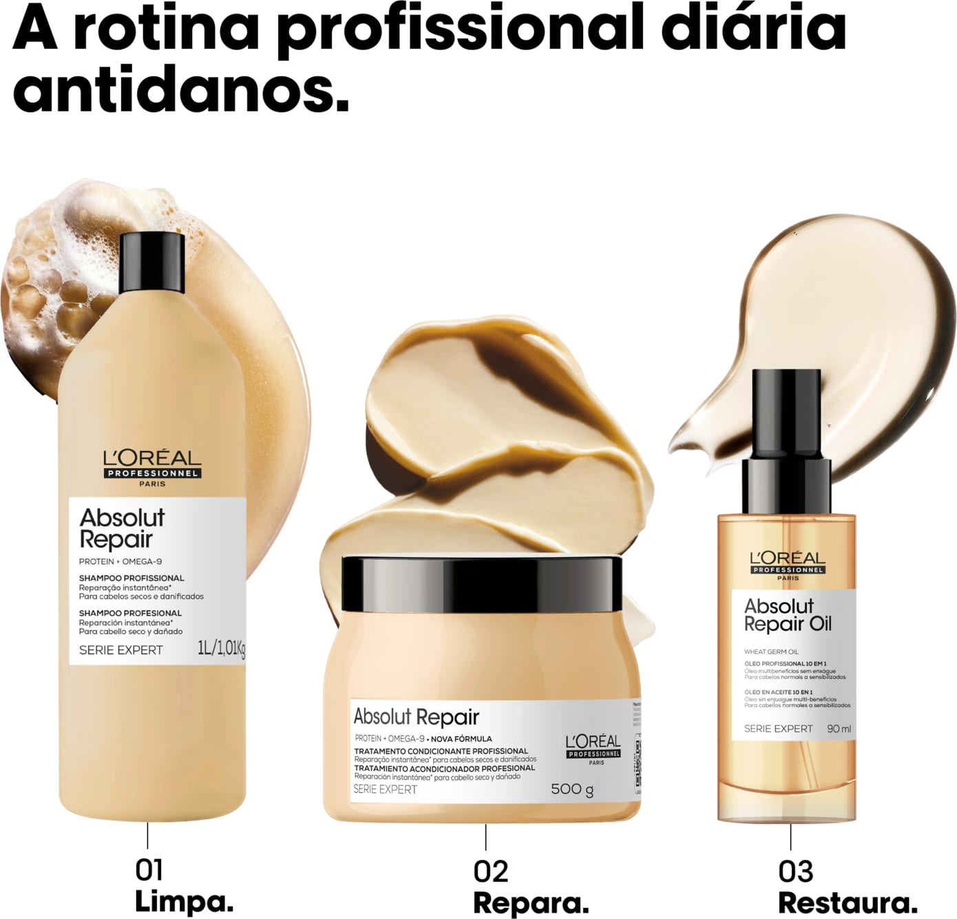 Shampoo, tratamento condicionante e óleo de reparação da linha Absolut Repair da L'Oréal Professionnel, com embalagens em tons de bege e preto, destacando os benefícios de limpeza, reparação e restauração dos cabelos.
