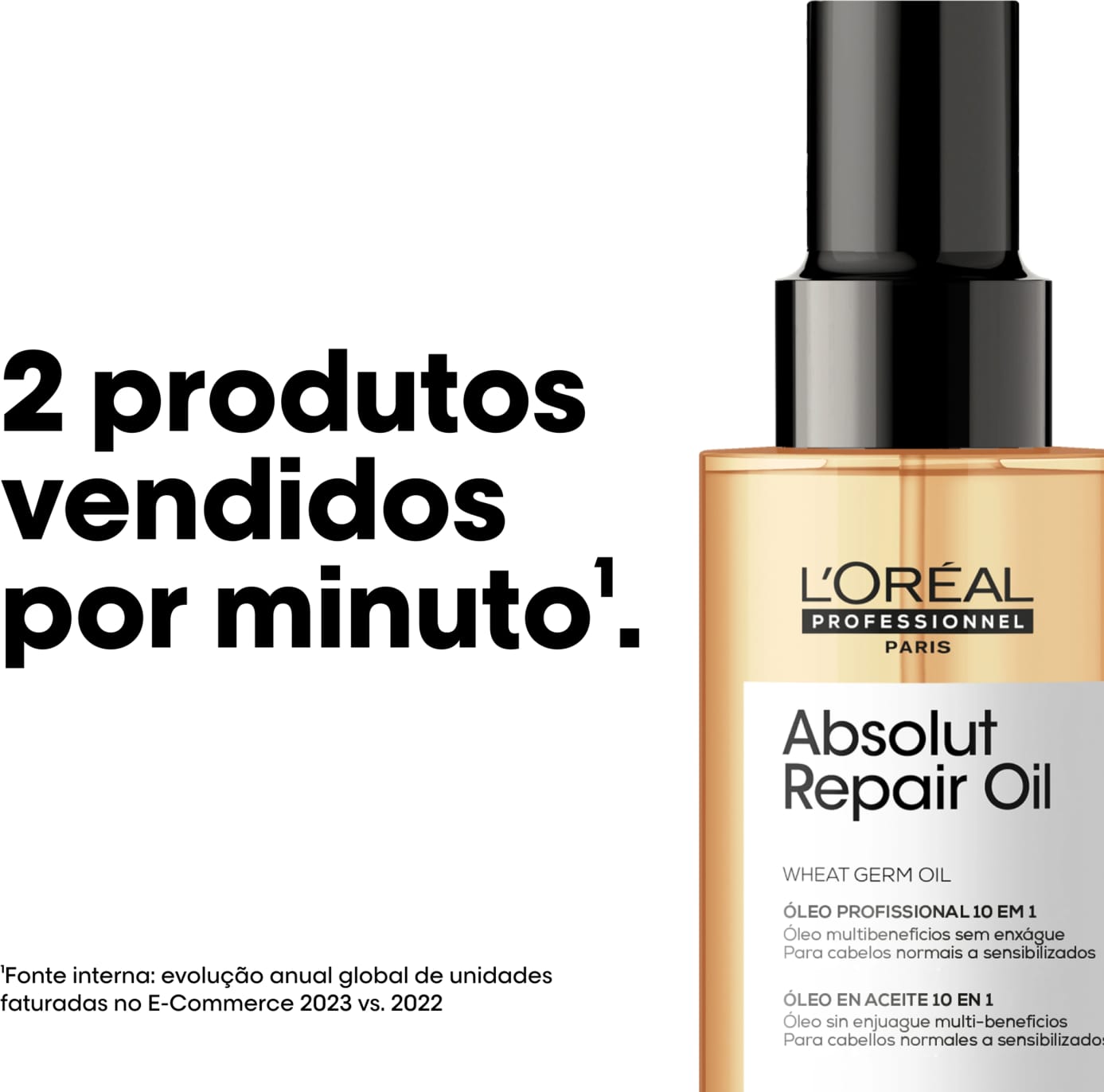 Frasco de óleo reparador Absolut Repair da L'Oréal Professionnel, com rótulo em preto e dourado, contendo óleo de gérmen de trigo para cabelos normais a sensibilizados.