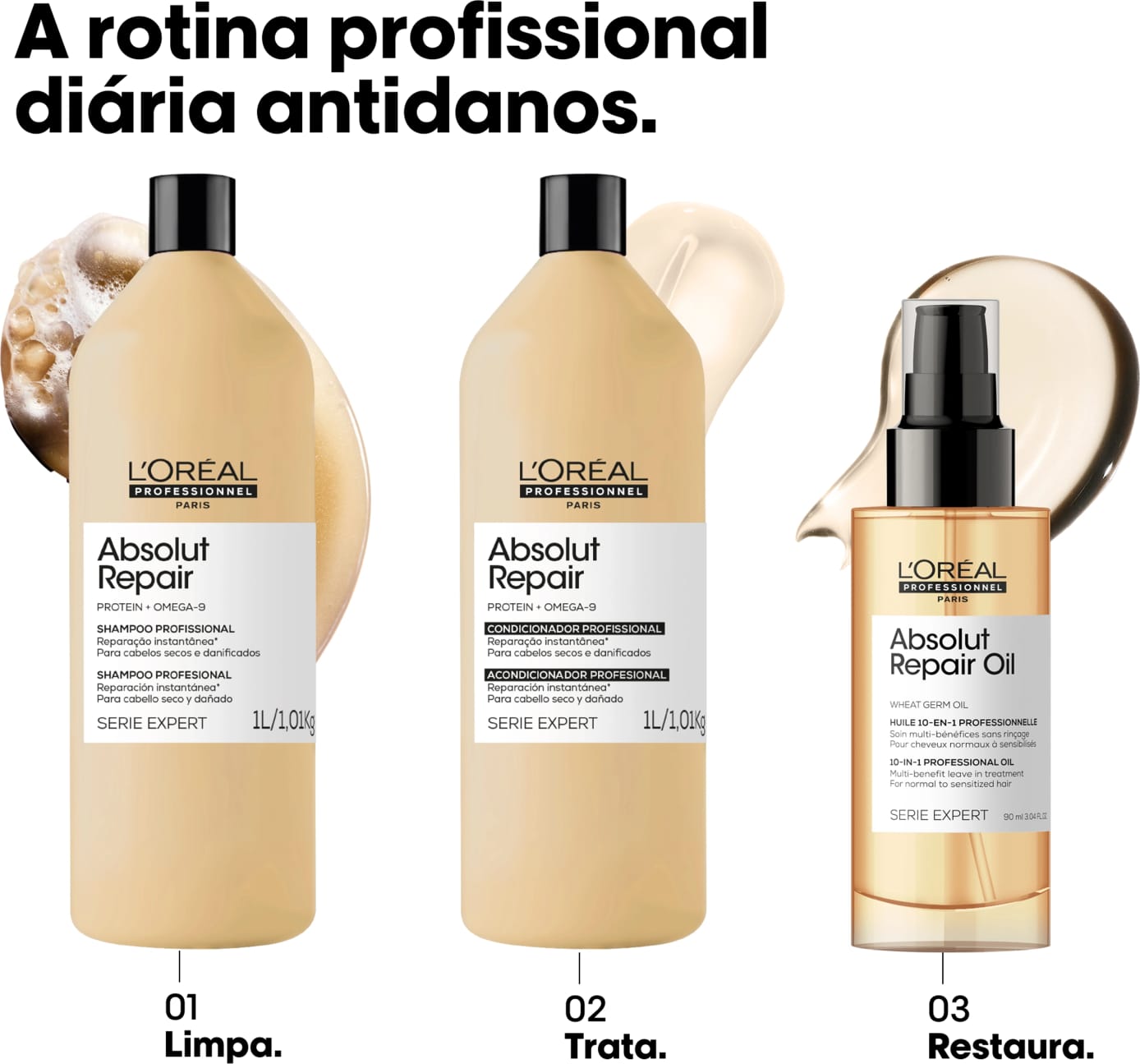 Três produtos da linha Absolut Repair da L'Oréal Professionnel: shampoo, condicionador e óleo capilar em embalagens de plástico e vidro com design preto e bege.