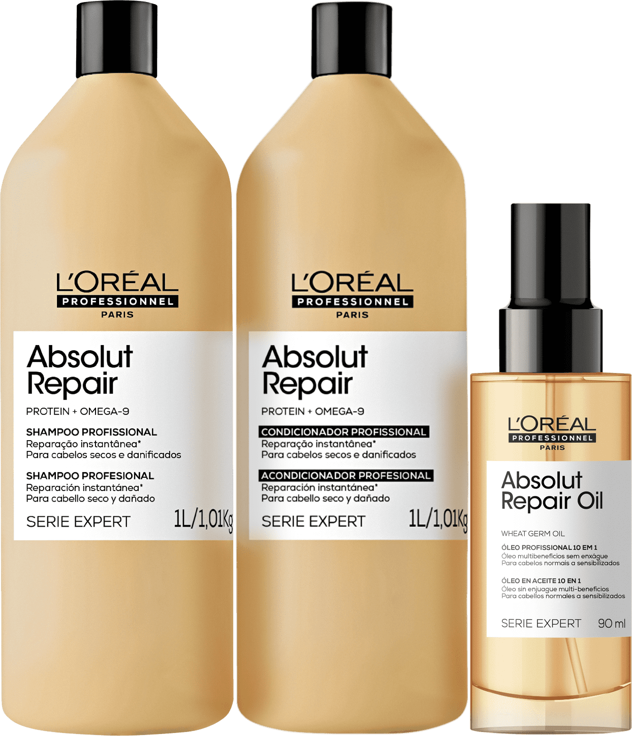 Dois frascos de shampoo e condicionador da linha Absolut Repair da L'Oréal Professionnel, com embalagens em tons de bege e preto, e um frasco de óleo reparador Absolut Repair Oil, também da mesma marca, em embalagem de vidro com tampa preta.